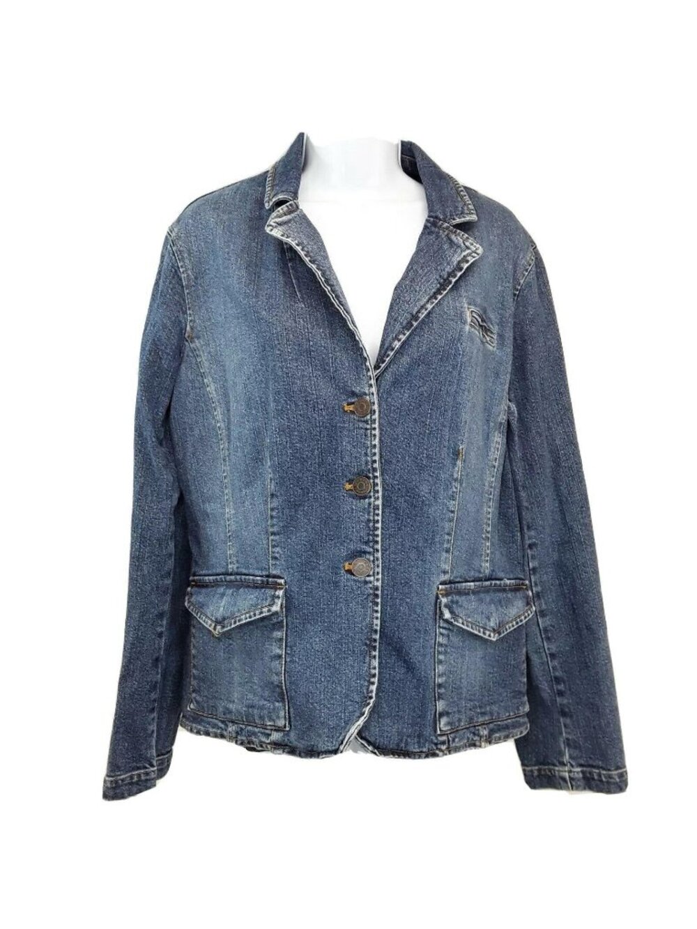 New York & Company Denim Blazer Womens Size 12 Blue Jean Jacket Button Front